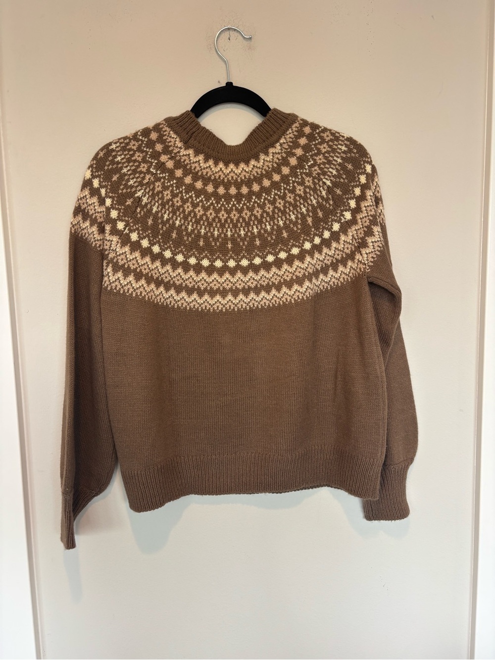 Evereve Brown Crewneck Sweater with Cream Fair Isle Yoke - Picture 2 of 4